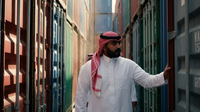 Saudi Businessman at Cargo Shipping Port Container Yard