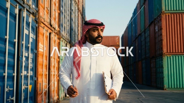 مفتش شحن لوجستي عربي بالزي التقليدي في ساحة حاويات الميناء