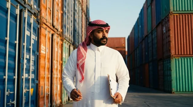 Arab Logistics Inspector in Port with Shipping Containers