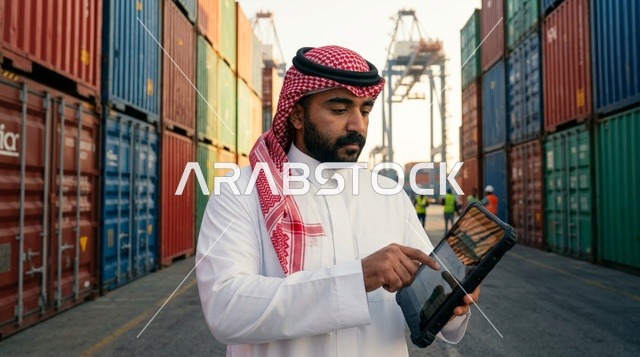 Saudi Man Using Digital Tablet at Shipping Port Terminal