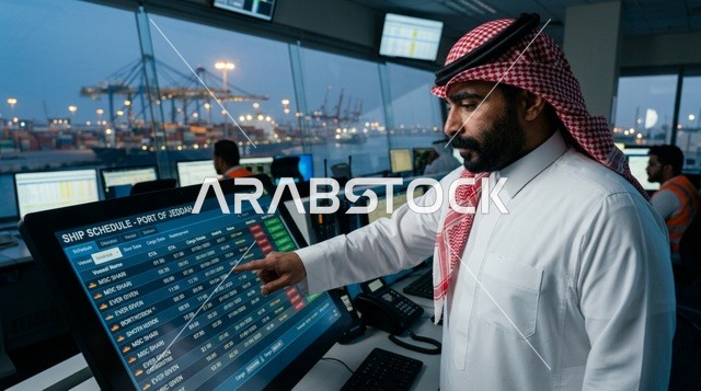 موظف ميناء سعودي في غرفة تحكم ميناء جدة وقت المساء