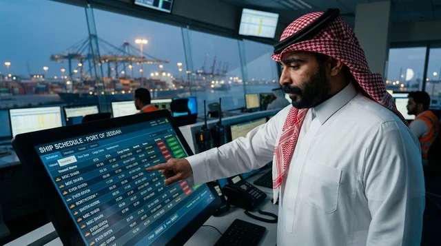 Saudi Port Operator in Jeddah Control Room at Dusk