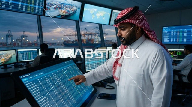 An Arab supervisor uses a tablet to manage shipping at the port.