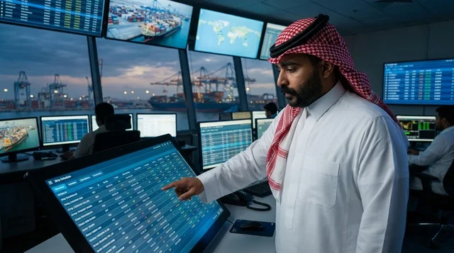 An Arab supervisor uses a tablet to manage shipping at the port.