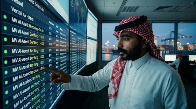 موظف موانئ عربي يتابع جدول الشحن البحري
