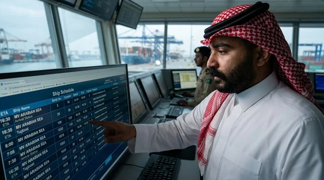 Saudi Port Officer Monitoring Ship Schedule in Control Room