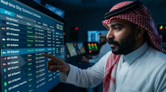 A Saudi port employee in the control room of Jeddah Port in the evening.