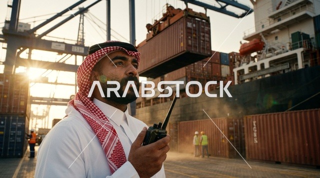 مدير ميناء سعودي مع حاويات الشحن والرافعات وقت الغروب