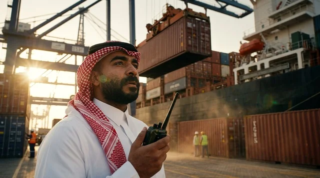Saudi Port Manager with Shipping Containers at Sunset