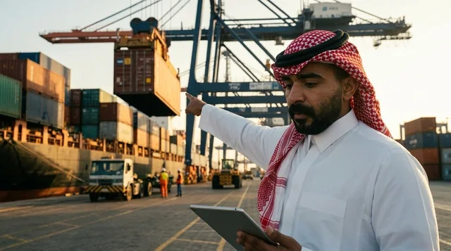 An Arab supervisor uses a tablet to manage shipping at the port.