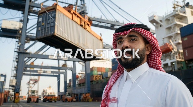 An Arab supervisor uses a tablet to manage shipping at the port.