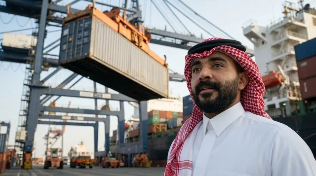 An Arab supervisor uses a tablet to manage shipping at the port.
