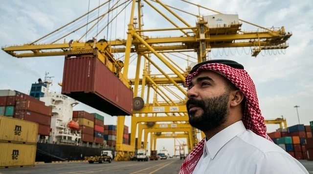 مشرف عربي يستخدم جهاز لوحي لإدارة الشحن في الميناء