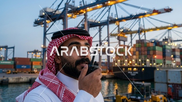 An Arab supervisor uses a tablet to manage shipping at the port.