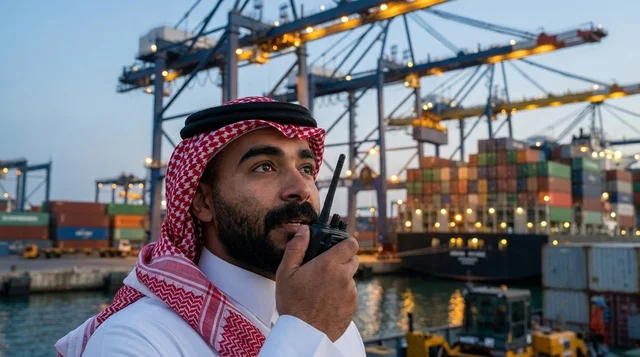 An Arab supervisor uses a tablet to manage shipping at the port.