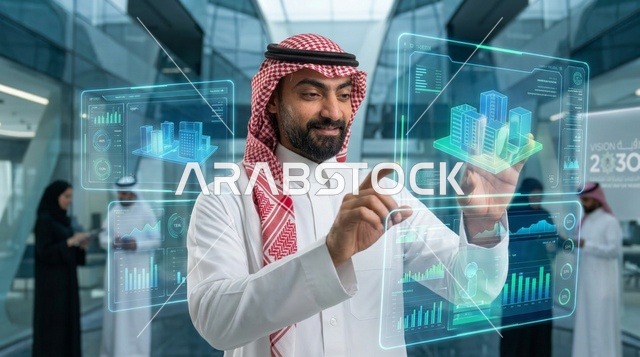 رجل أعمال سعودي يستخدم شاشة هولوجرام للمدن الذكية
