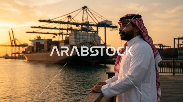 An Arab supervisor uses a tablet to manage shipping at the port.