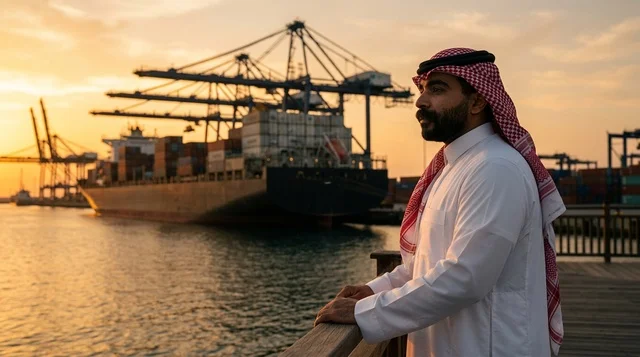 An Arab supervisor uses a tablet to manage shipping at the port.