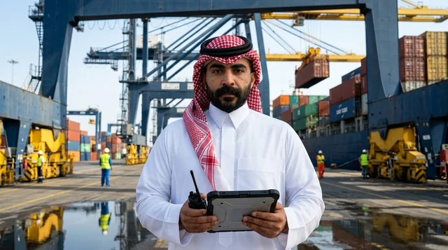 An Arab supervisor uses a tablet to manage shipping at the port.