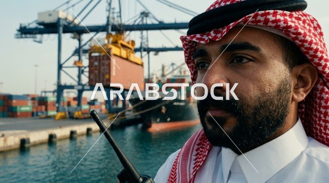 مشرف عربي يستخدم جهاز لوحي لإدارة الشحن في الميناء