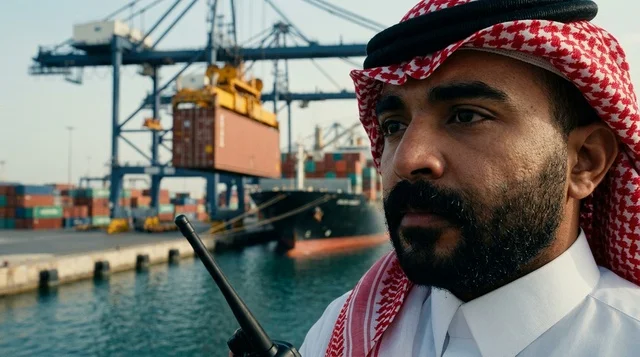 An Arab supervisor uses a tablet to manage shipping at the port.