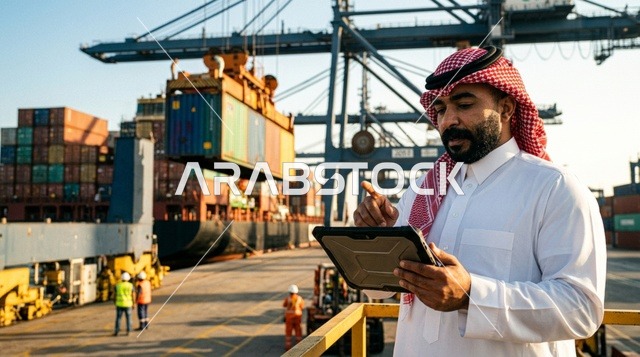 مشرف عربي يستخدم جهاز لوحي لإدارة الشحن في الميناء