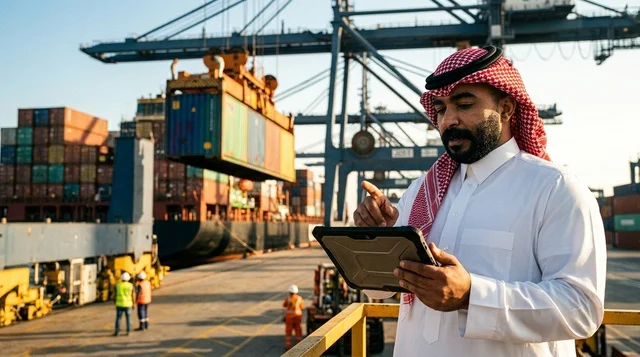 مشرف عربي يستخدم جهاز لوحي لإدارة الشحن في الميناء مشرف عربي يستخدم جهاز لوحي لإدارة الشحن في الميناء