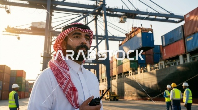 An Arab supervisor uses a tablet to manage shipping at the port.