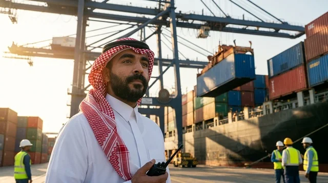 An Arab supervisor uses a tablet to manage shipping at the port.