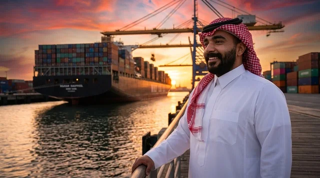 رجل أعمال سعودي في ميناء الشحن التجاري وقت الغروب