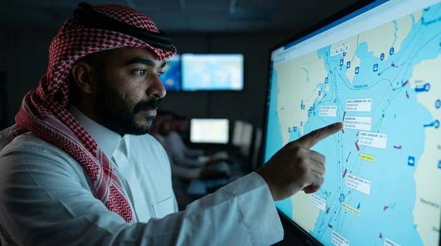 Saudi Maritime Officer Monitoring Shipping Port Route Map