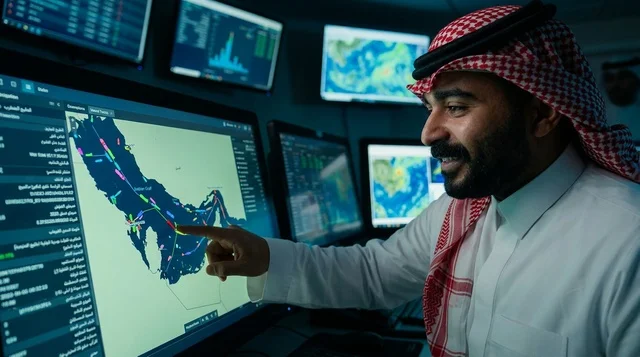 موظف لوجستيات سعودي في غرفة تحكم الموانئ الحديثة