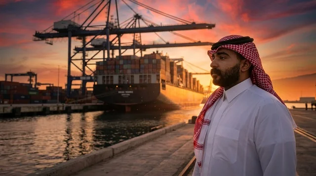 Saudi Man at Shipping Port with Cargo Ship at Sunset