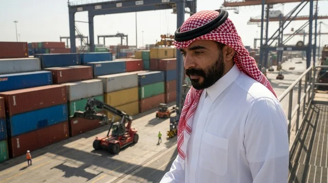 Saudi Businessman at Commercial Shipping Port Terminal