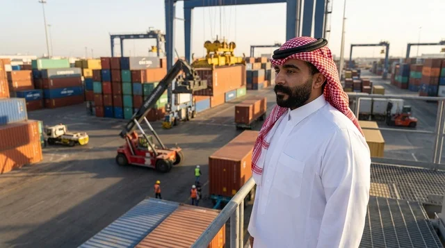 رجل أعمال سعودي في ميناء شحن البضائع والخدمات اللوجستية