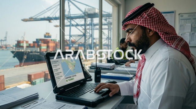 موظف خدمات لوجستية عربي يتابع الشحن في مكتب الميناء