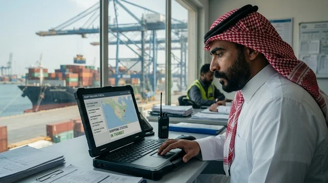 Arab Logistics Officer Working at Shipping Port Office