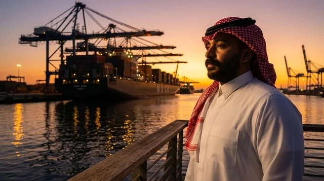 Saudi Man at Industrial Shipping Port During Sunset