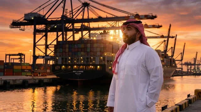 Saudi Businessman at Commercial Shipping Port Sunset