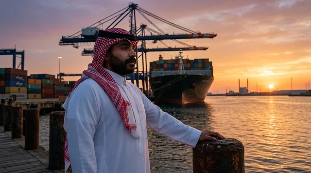 Saudi Man at Shipping Port Container Terminal at Sunset