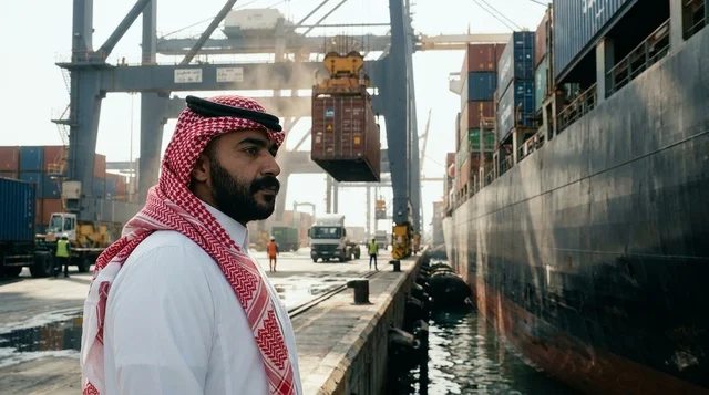 Saudi Man at Commercial Shipping Port with Cargo Ship