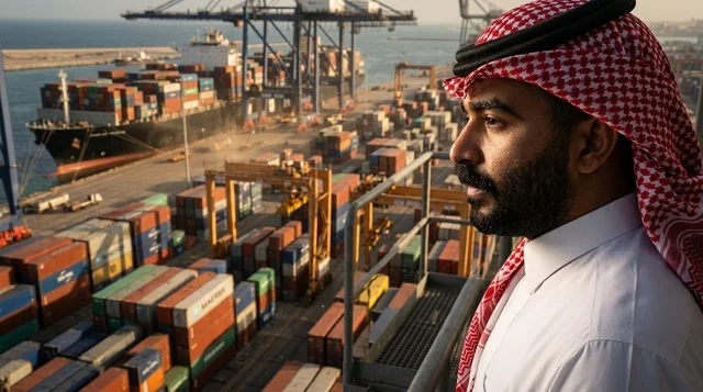 Saudi Businessman at Cargo Shipping Port Container Terminal