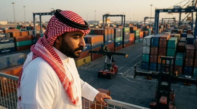 Saudi Businessman Overlooking Container Shipping Port