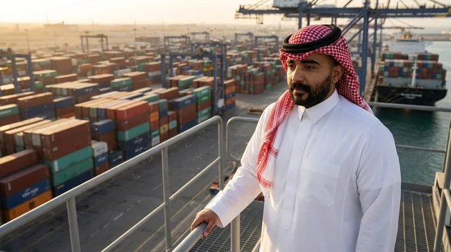 Saudi Businessman at Shipping Port with Cargo Containers