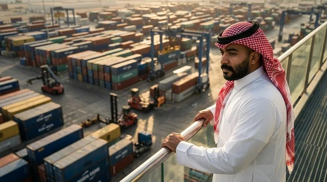 Saudi Businessman Looking at Busy Cargo Container Port