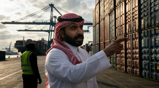 Saudi Businessman at Shipping Port with Cargo Containers Saudi Businessman at Shipping Port with Cargo Containers