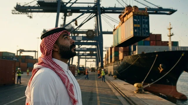 رجل أعمال سعودي في ميناء الشحن مع سفينة حاويات رجل أعمال سعودي في ميناء الشحن مع سفينة حاويات