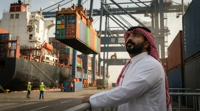Saudi Man at Commercial Shipping Port with Cargo Ship