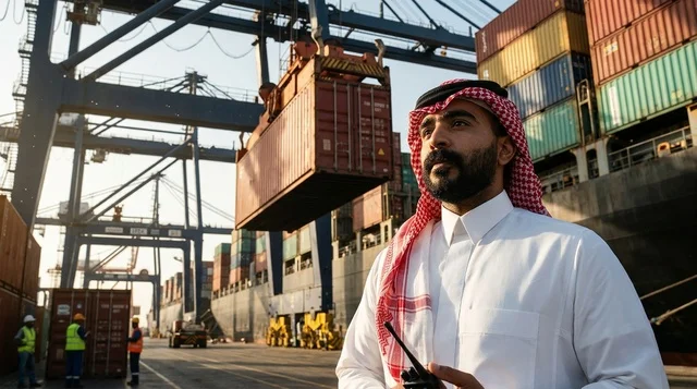 مشرف ميناء سعودي يتابع حركة حاويات الشحن والتصدير