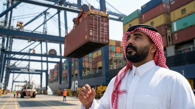 Saudi Businessman at Commercial Shipping Port Terminal